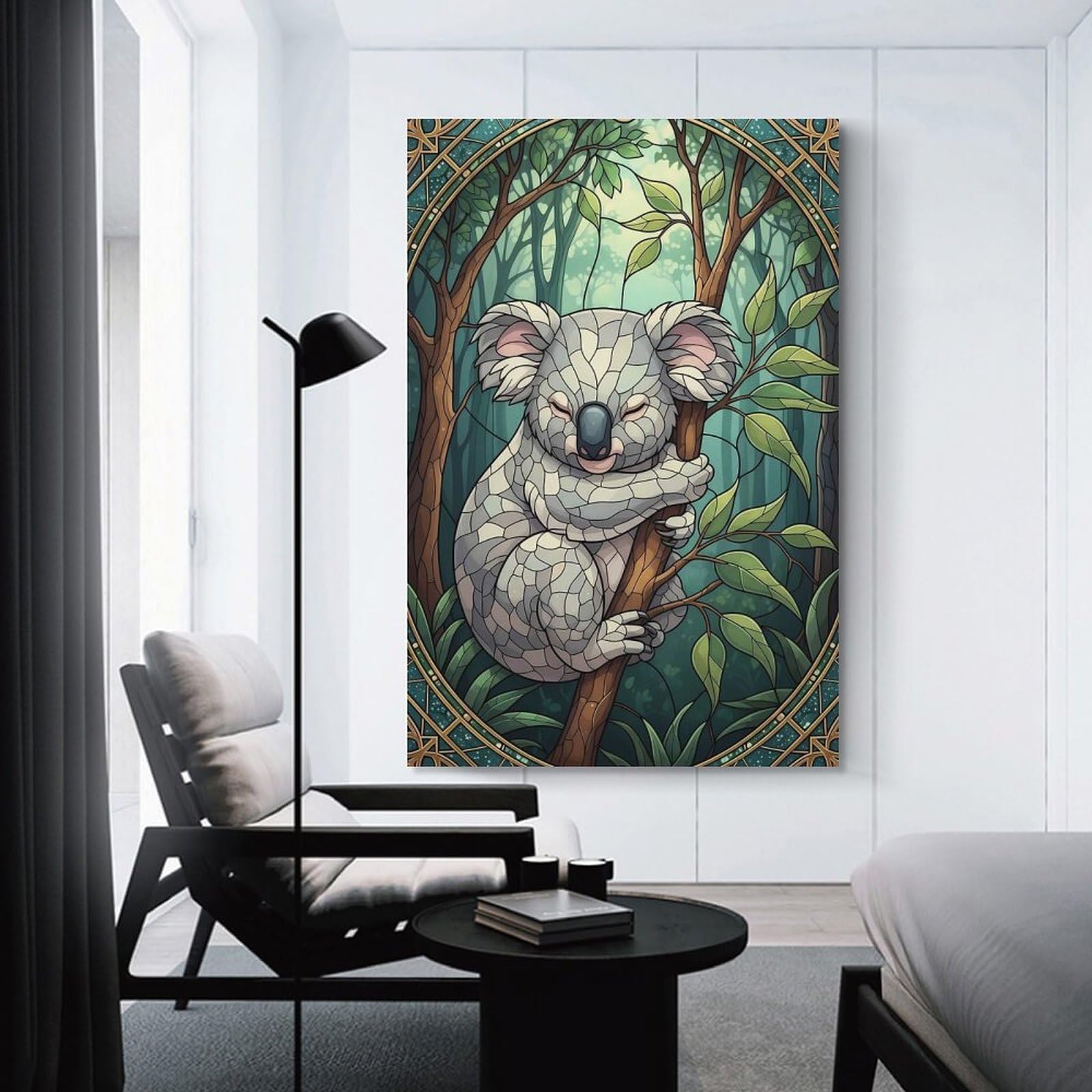 Junmoney Koala in Stained Glass Style Hanging Wall Art 24x36inch(60x90cm), for Restful Interiors, Bedrooms Or Small Rooms, Home Artwork with A Soft Interior Feel