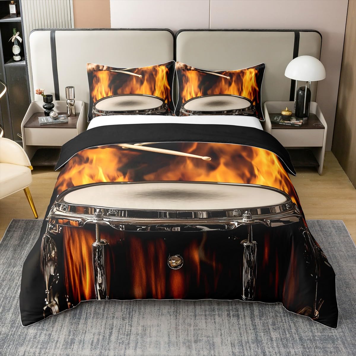 Homewish Drum 100% Cotton Duvet Cover Super King, Drum Set Print Comforter Cover For Kids Boys Girls, Instrument Musical Microfiber Bedding Set For Bed, Golden Black 3D Fire Drumming Quilt Cover