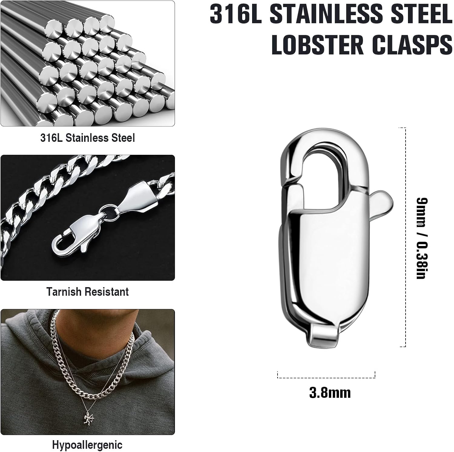 20PCS 9MM Lobster Clasps 316 Stainless Steel Lobster Claw Clasps Bulk for Necklace Bracelet Jewelry Making DIY Craft - Image 2