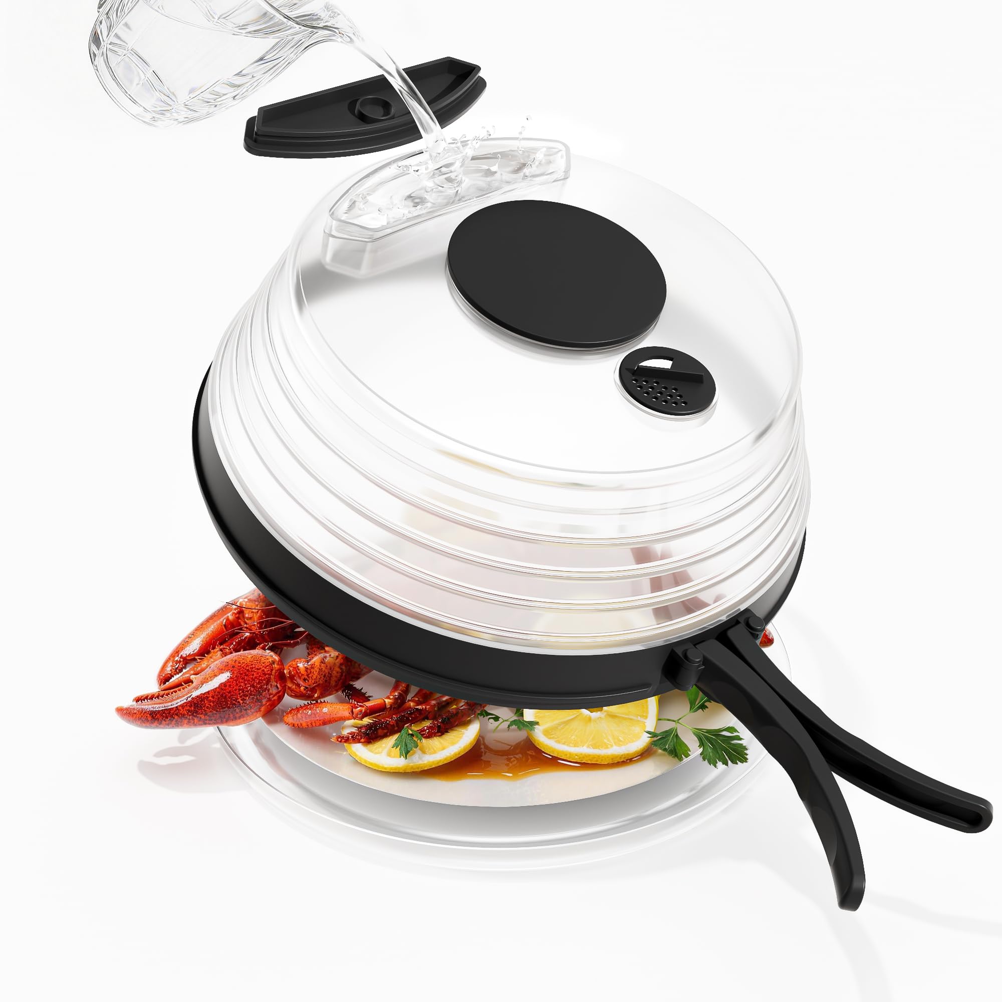 Photo 1 of 10 inch Microwave Splatter Cover for Food with Water Steamer, Collapsible Plastic & Silicone Microwave Plate Cover with Handle and Anti-Scald Base Plate, Kitchen Cooking Guard, Black