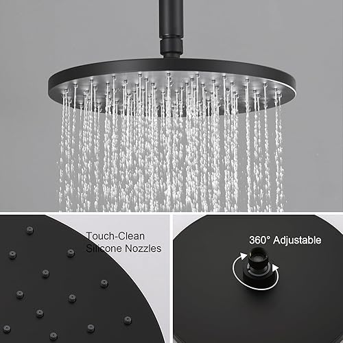 Miniatura 12 de Iriber Sistema de ducha de lluvia de montaje en techo negro mate con cabezal de ducha de 12 pulgadas y grifo de ducha cuadrado de baño de mano que