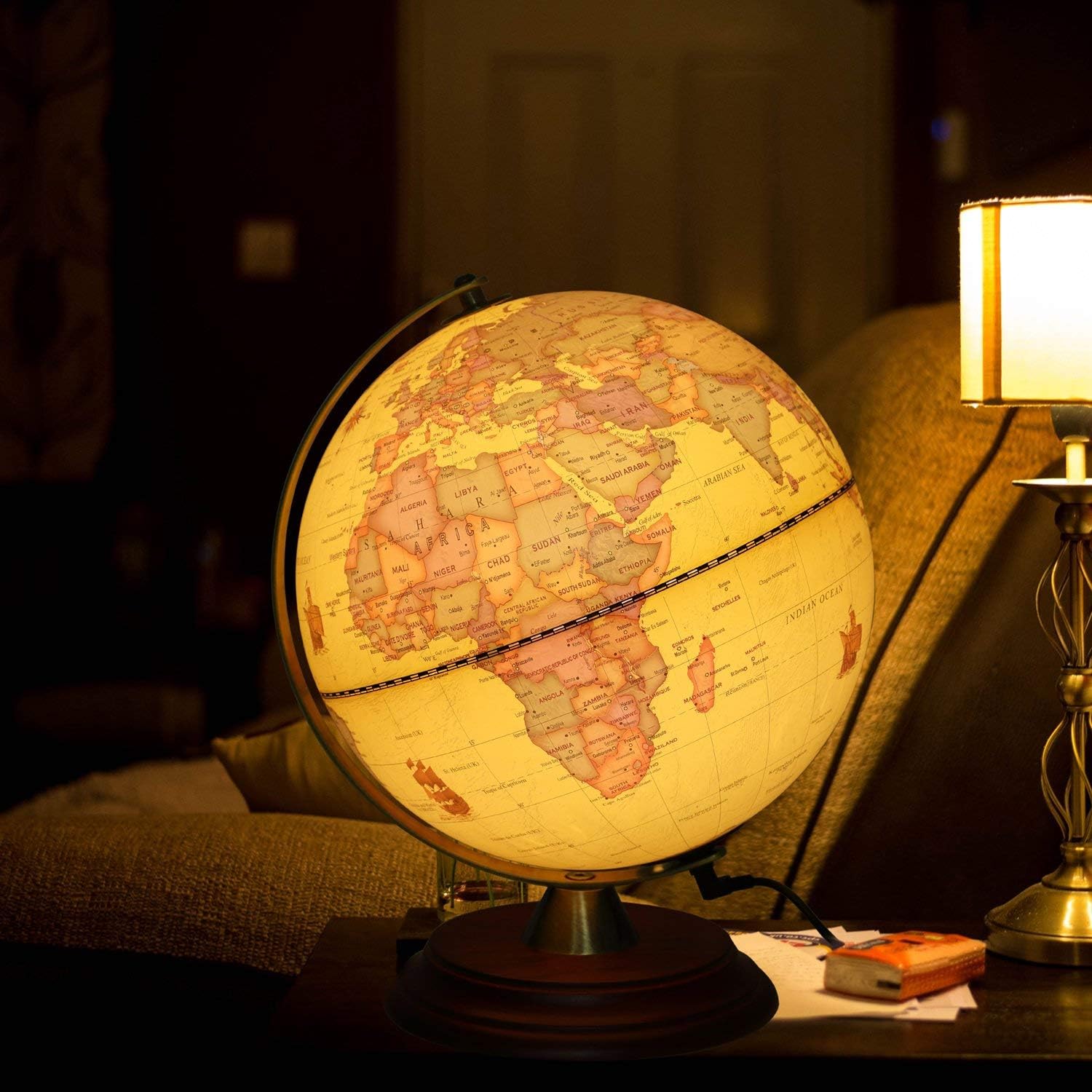 TTKTK Illuminated World Globe for Kids with Wooden Stand,Built in LED for Illuminated Night View Antique Globe for Home Decor and Office Desktop