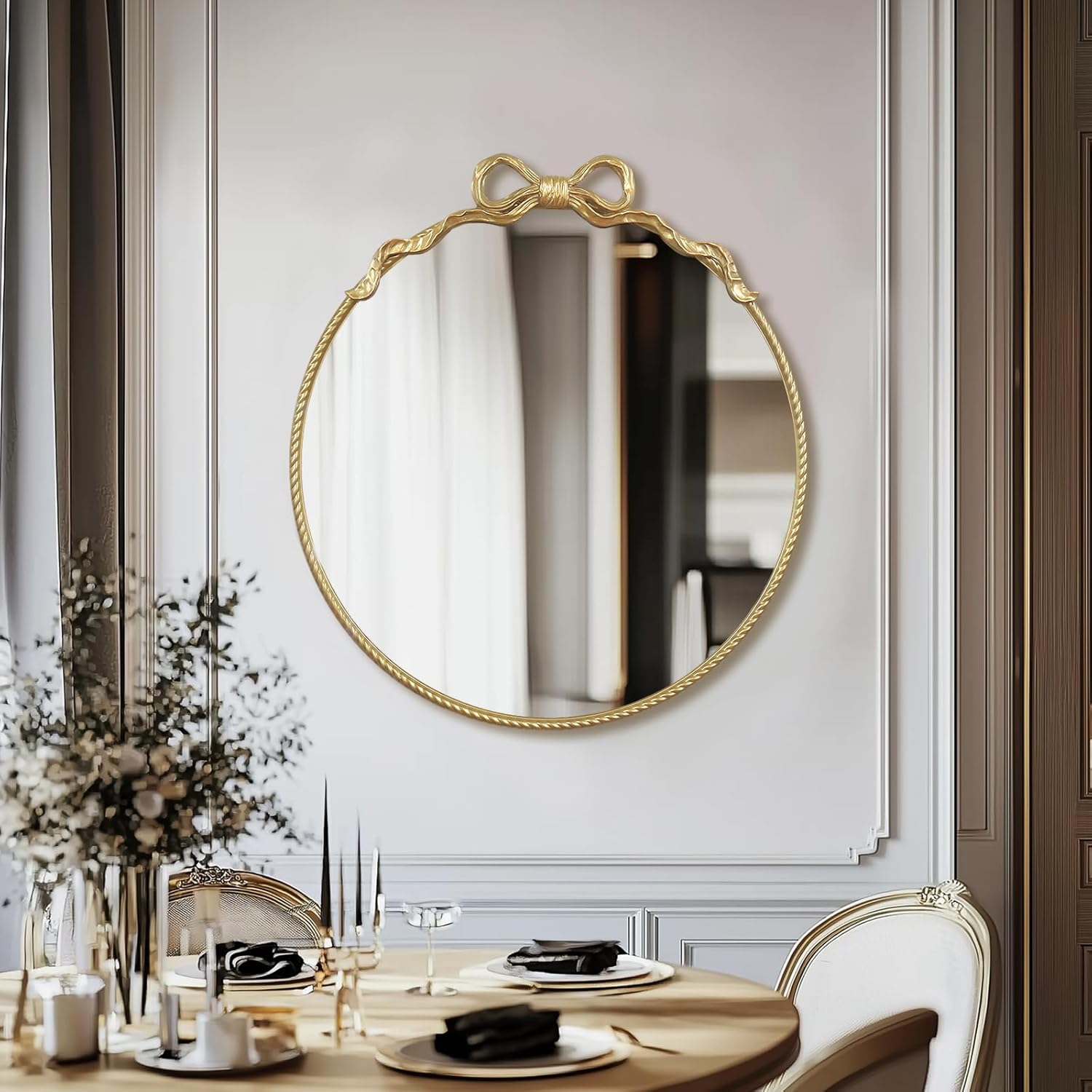 Gold Bow Metal Round Mirror -28inch Elegant Wall-Mounted Vanity Decorative Mirror for Bedroom, Bathroom, Living Room