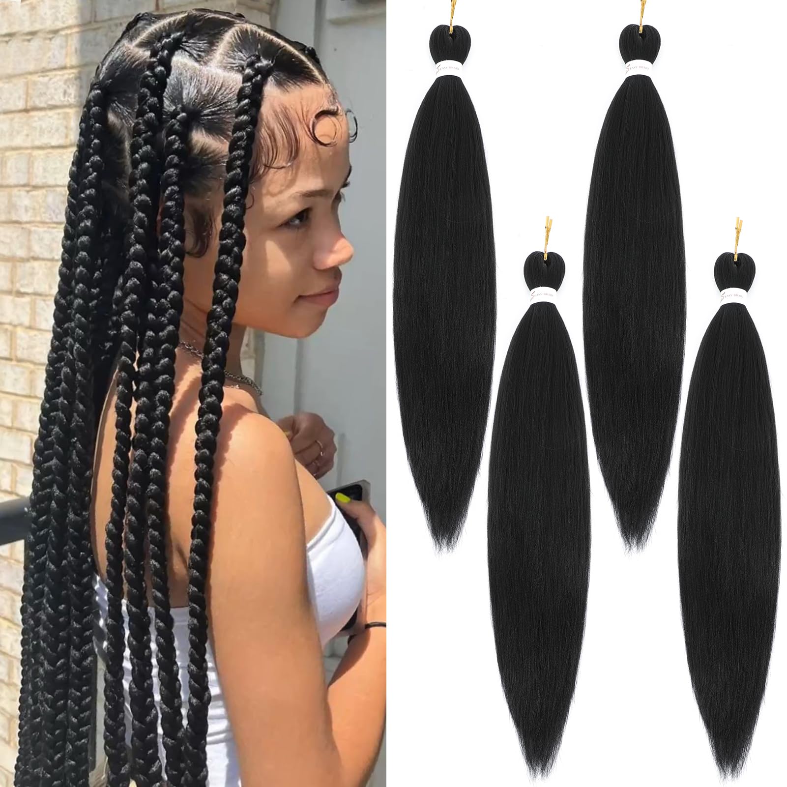Sakkou 28inch Natural Black Braiding Hair Pre Stretched 4pcs/pack Fake Hair For Box Braids Hot Water Setting Styles For Black Women(1B)