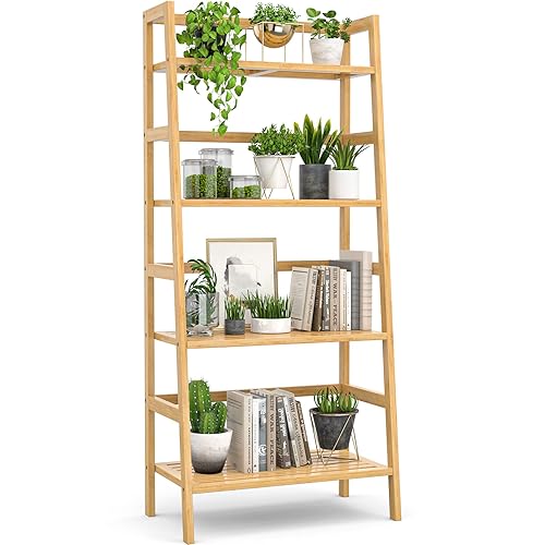 Homykic Bamboo Bookshelf 4-Tier Ladder Shelf, 49.2” Freestanding Open Bookcase Book Shelf Bathroom Storage Shelf Unit Plant Stand for Small Space, Bedroom, Living Room, Home Office, Natural - Natural