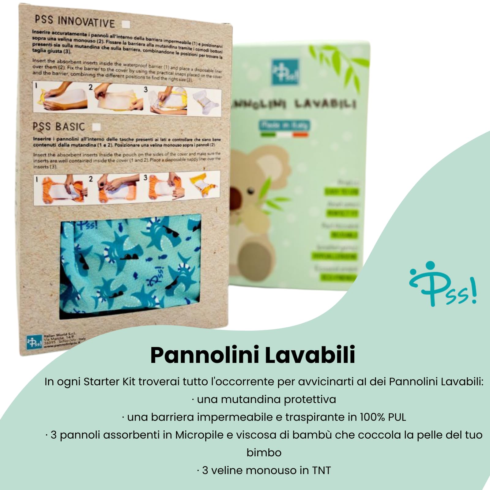 Pss! Pannolino riutilizzabile in tessuto regolabile con bottoni, per bambini da 0 a 3 anni - 4 assorbenti e 2 barriere contenitive - Impermeabile e comodo - 1 unità - Modello Glam -Squali