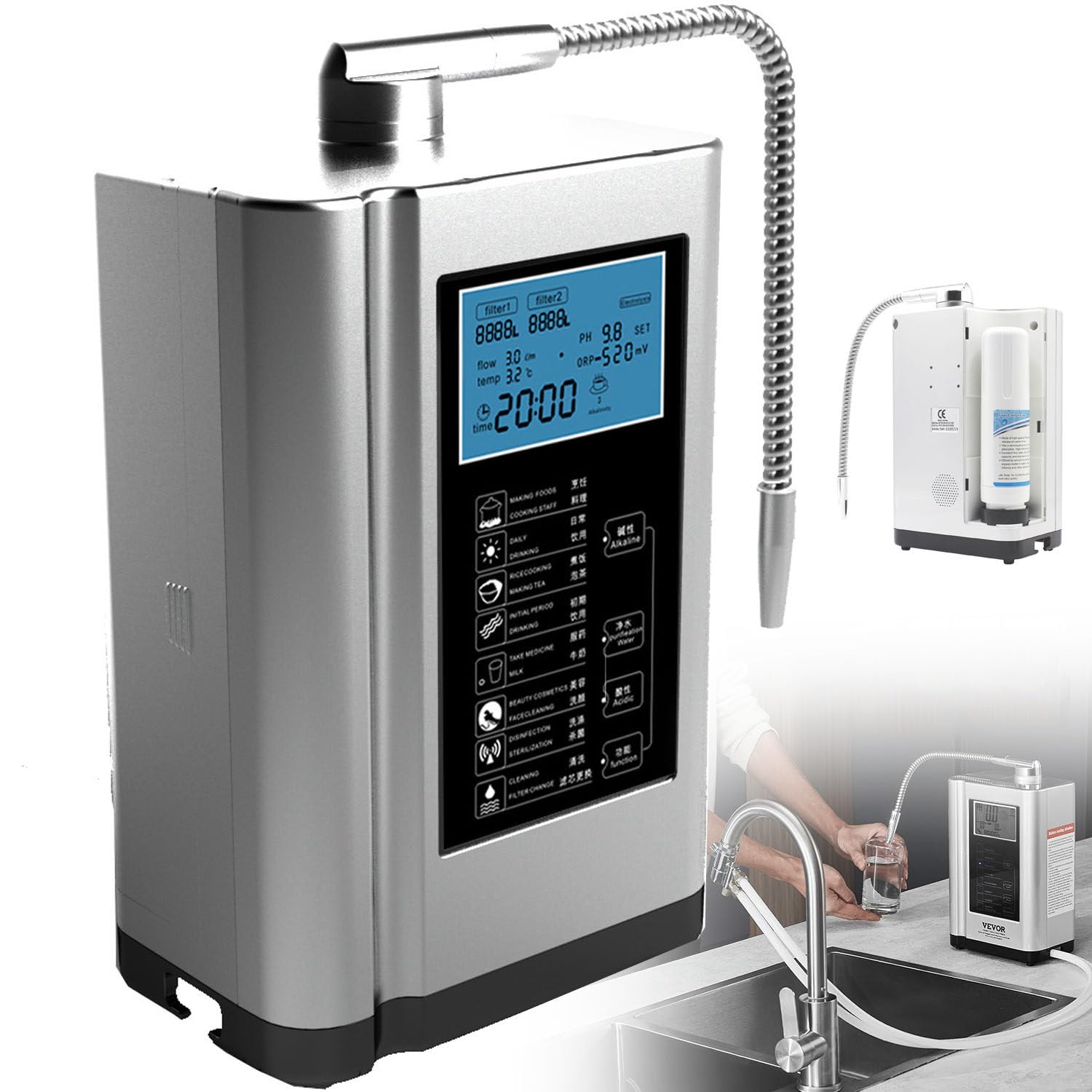 Ionizzatore d'Acqua alcalina PH3.5-10.5 Generatore di idrogeno Purificatore Macchina LCD da 3,8 Pollici Filtro per Acqua Potabile acida alcalina Domestica, con 8000 Litri per Filtro,Silver
