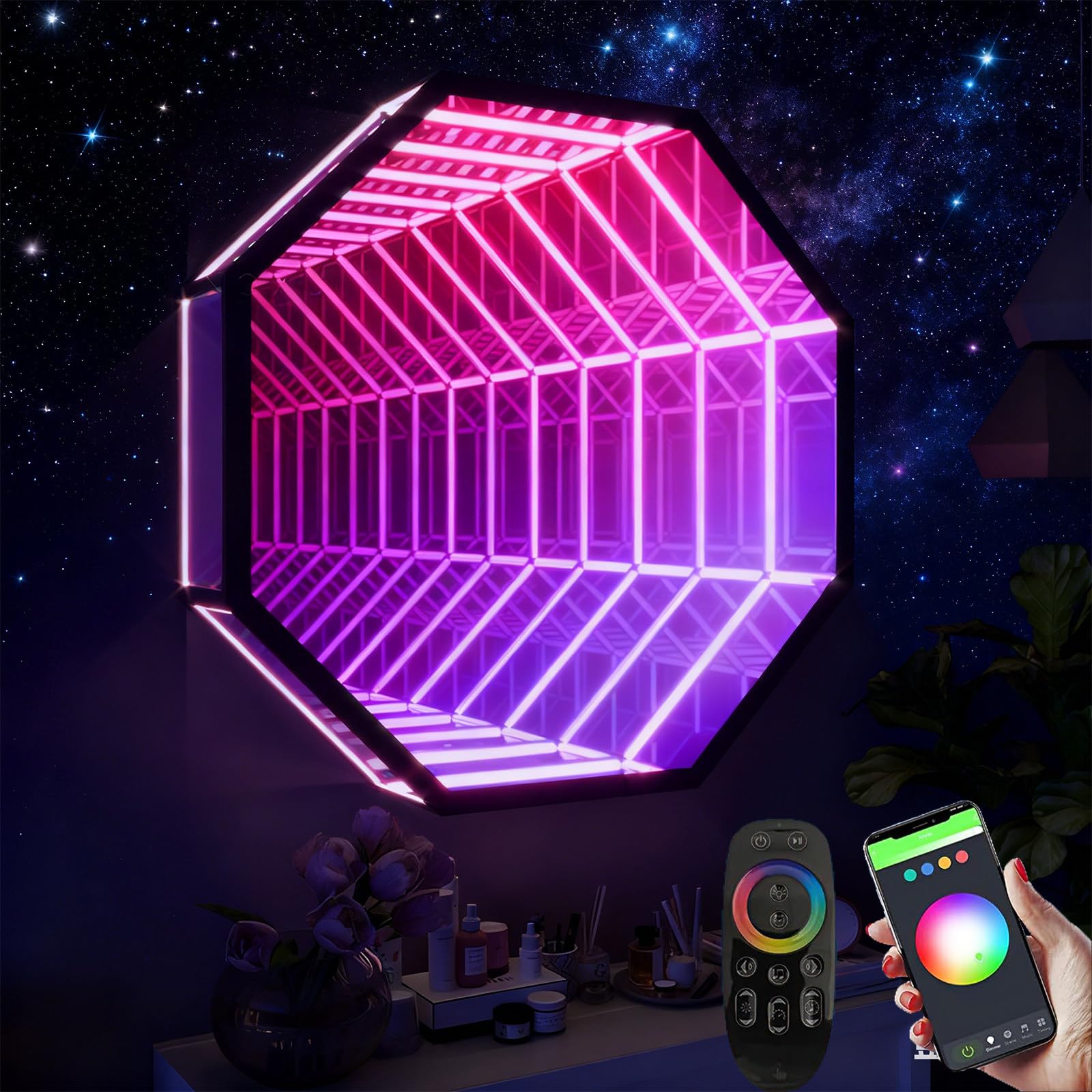 Infinity Mirror Licht 3D LED Nachtlampe mit App Steuerung, Smarte RGB Wandleuchte für Gaming Zimmer und Schlafzimmer, 358 Effekte Octagon Dekoration