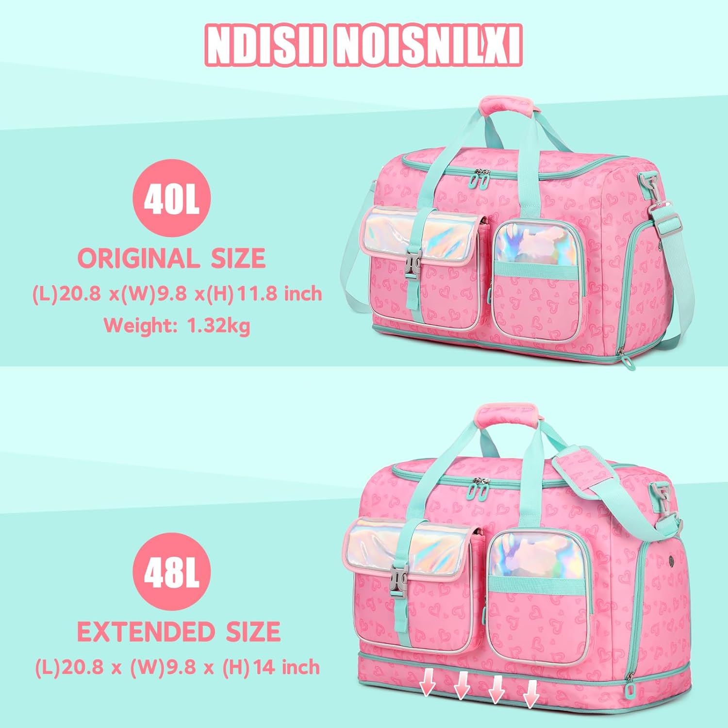 PIG PIG GIRL Women's Gym Bag Travel Duffel 40L Expandable 8L with Shoe Compartment Wet Pocket for Yoga Fitness Overnight Weekender Black, Pink