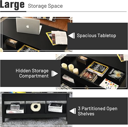 Miniatura 5 de COSTWAY Mesa auxiliar elevable, con compartimento de almacenamiento oculto y 3 estantes abiertos, mesa de té rectangular de cóctel con patas de