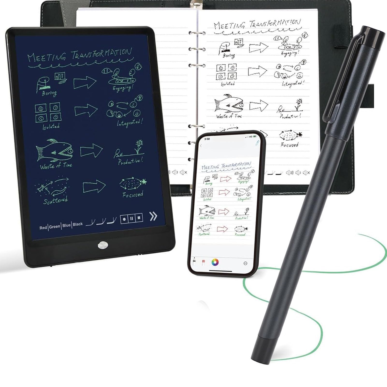 Jectse Ensemble de Stylo Intelligent Numérique et Tableau D'écriture, Stylo Intelligent pour la Prise de Notes, Synchronisation en Temps Réel pour Numériser, Convertir en Texte, pour