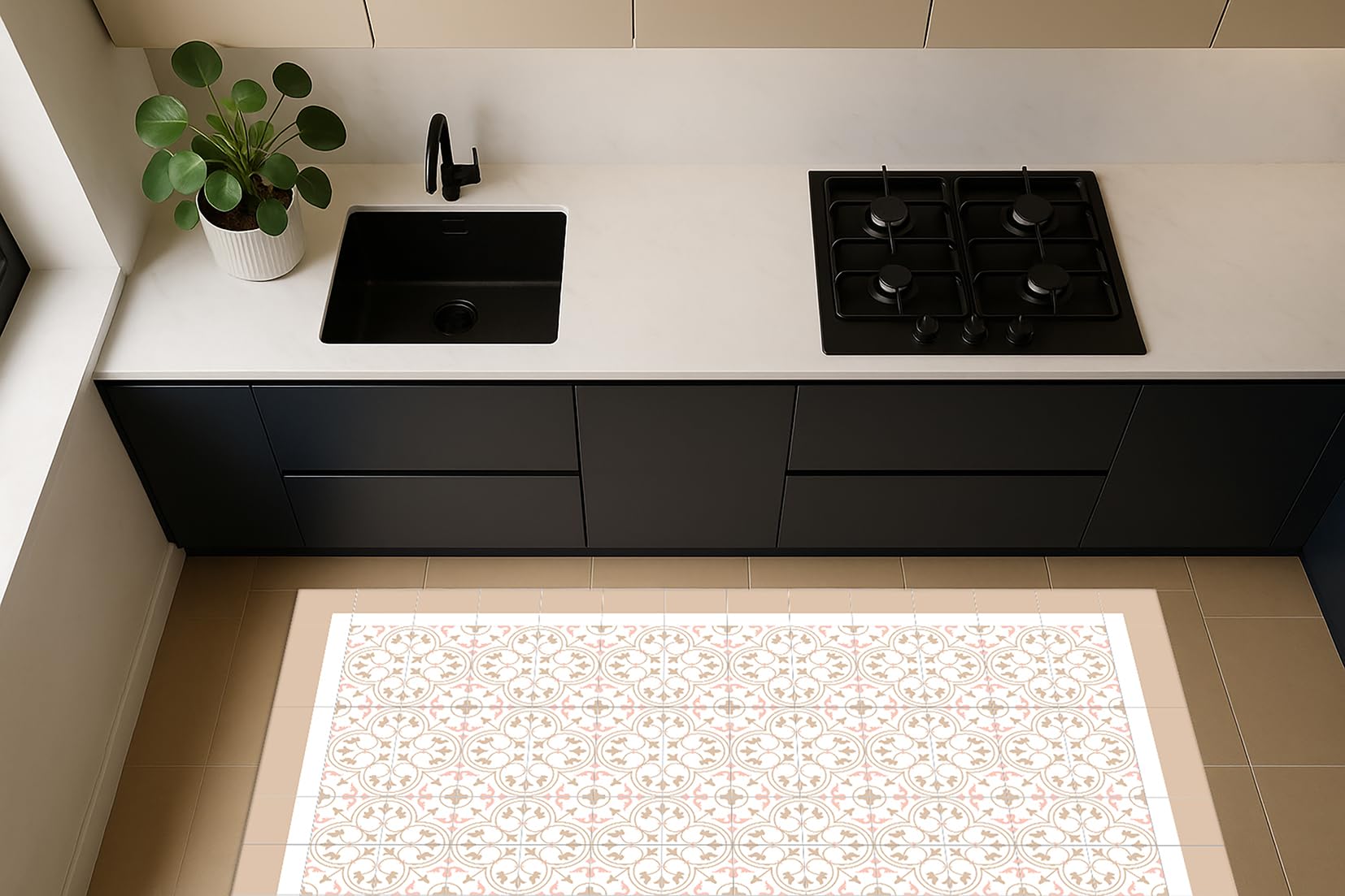DobleUve Estudio Vinyl Teppich Hydraulik Capri | Beige | 80x200 cm | Waschbarer Rutschfester Küchenläufer | Kinder | Vinylboden | Vinylteppich für Wohnzimmer