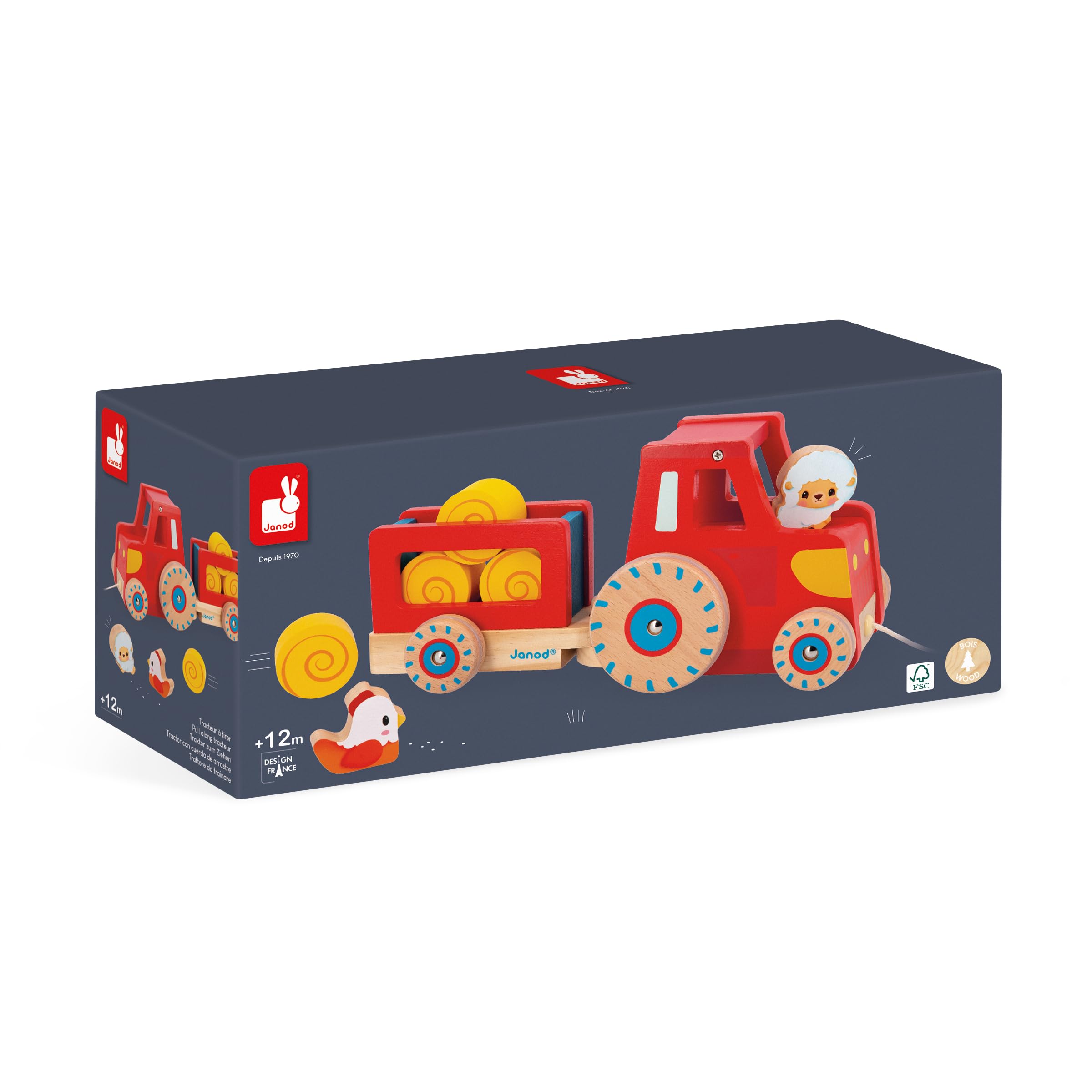 Janod - Trattore da Trainare - Giocattolo Multisensoriale - 1 Trattore per Bambini + 6 Accessori - Ruote silenziose - Sviluppa Le Abilità Motorie - Giocattolo in Legno FSC - dai 12 Mesi, J03317
