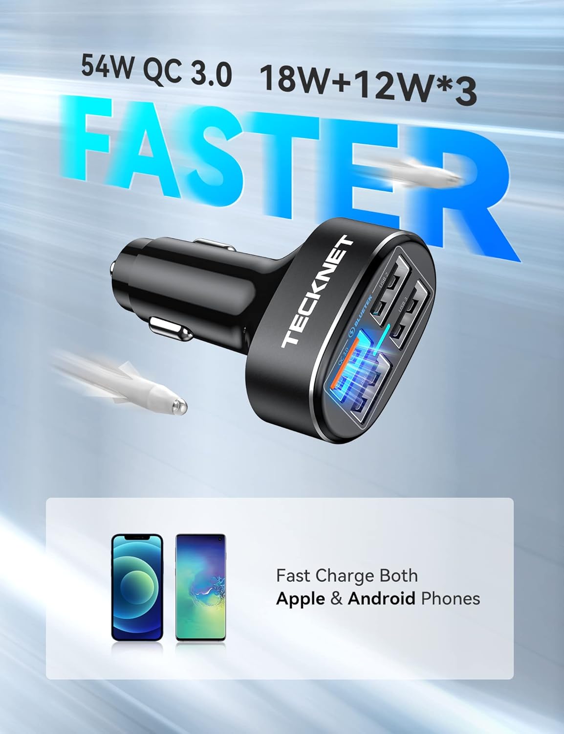 Special TECKNET USB Car Charger 54W 4-Port USB Car Charger Adapter QC 3.0 Port Compatible with iPhone 13 12 11 Pro Max X XR XS 8 Samsung Galaxy Note 20/10 S21/20/10 Google Pixel