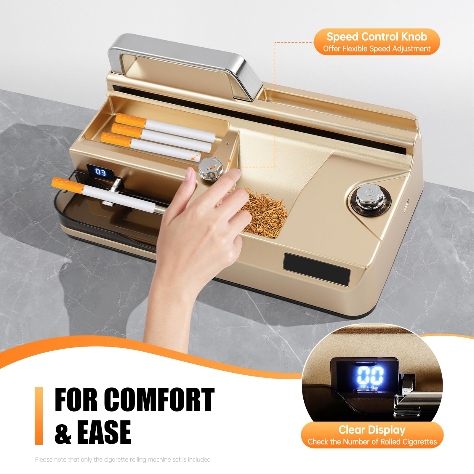 Riempitrice elettrica per sigarette con display contatore (oro) | Velocità regolabile, spegnimento automatico e 3 tubi in metallo da 5,5/6,5/8 mm