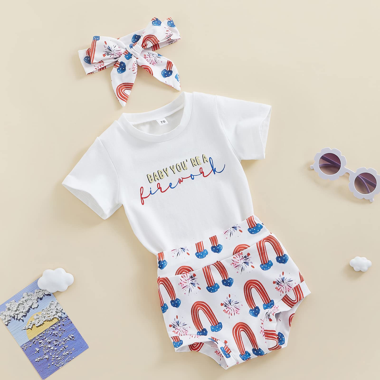 Baby Girl 4th of July Outfit Short Sleeve Letter Print T-Shirt Top Star Stripe Shorts Headband Summer Clothes Set (Baby You are a Firework-White+Rainbow,12-18 Months)