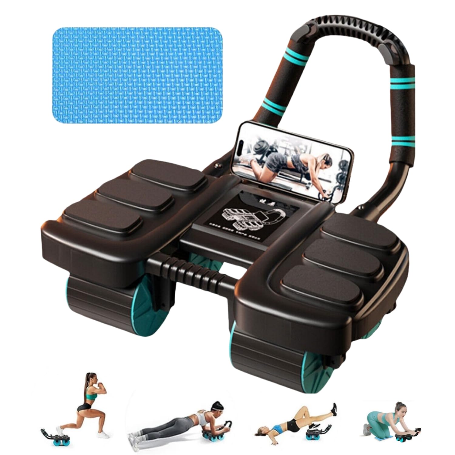 Abdominal Wheel Roller with Knee Mat, Ab Roller Exercise Wheel Automatic Rebound Elbow Support 4 Wheels Core Strength Trainer for Home Gym Fitness Abs Workout Equipment with Phone Holder