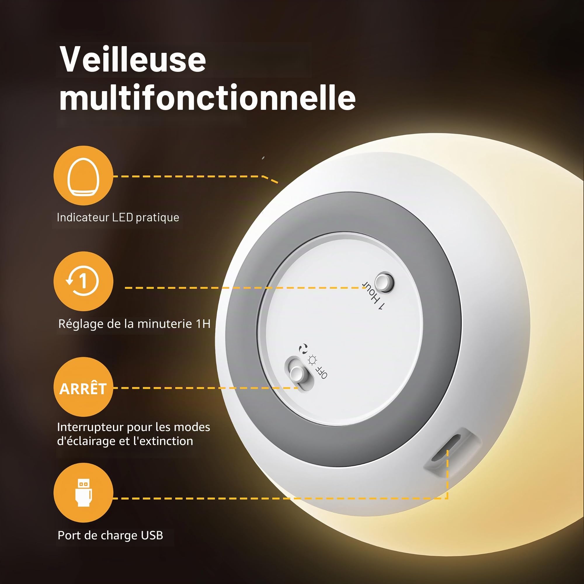 Veilleuse pour enfants, veilleuse pour bébé avec 8 modes de changement de couleur et fonction de gradation, veilleuse œuf rechargeable pour bébé avec minuterie d'une heure et contrôle tactile