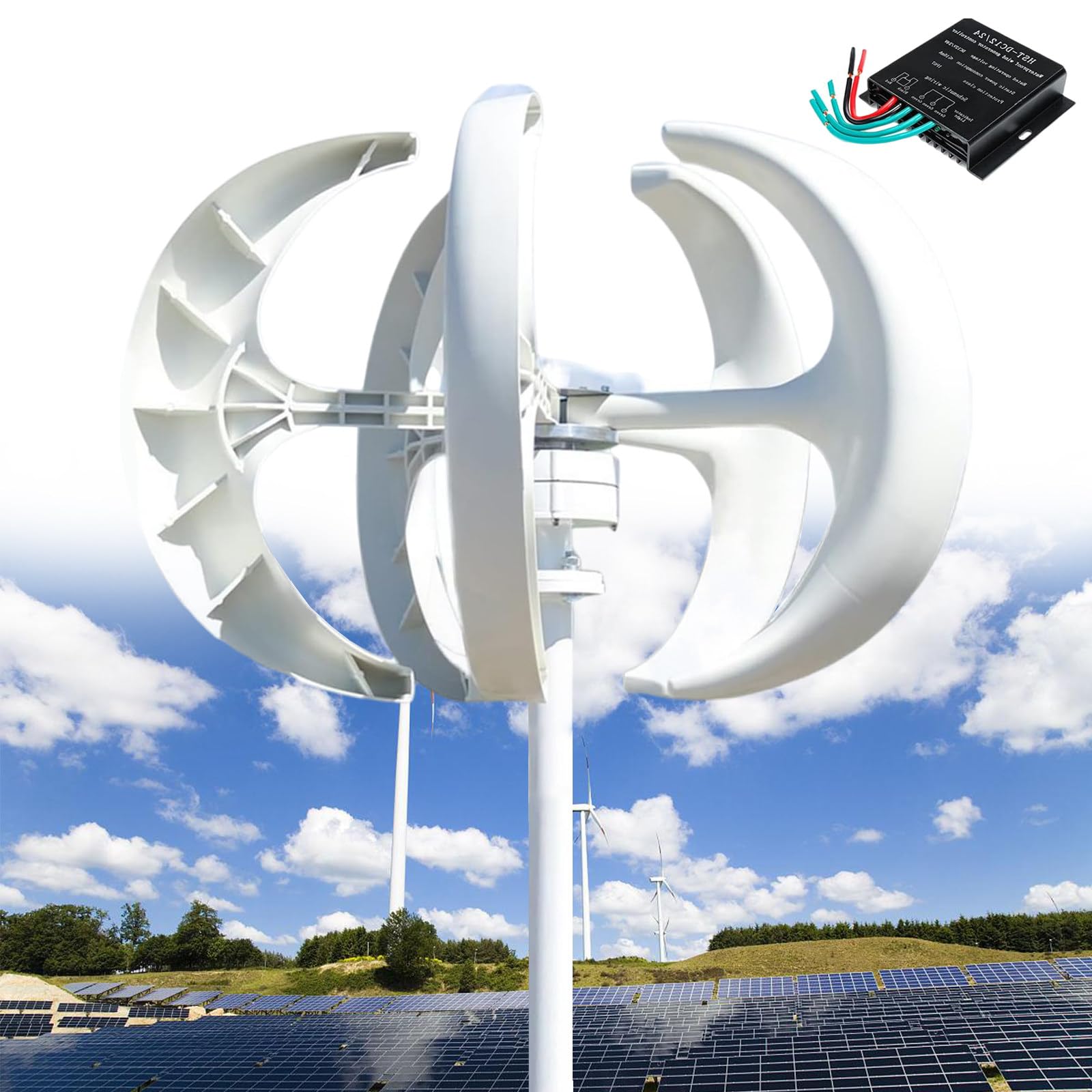 Pionowy generator wiatru, 14000 W, 12 V/24 V/48 V/110 V/220 V, 5 łopatek, trójfazowy, z regulatorem ładowania i PM, biały.