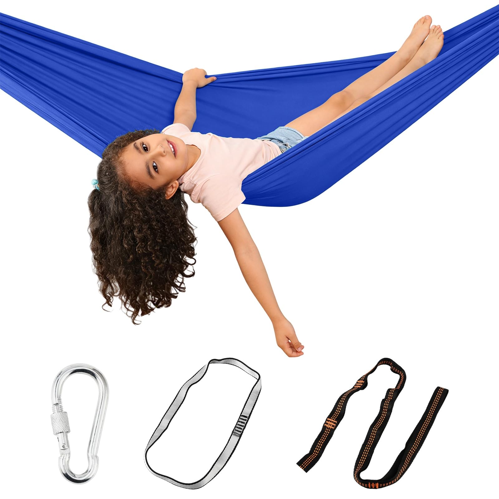 JSCARLIFE Portable Snuggle Hammock Chair,Elastic Hanging Chair Swing with Rope & Carabiner,Lightweight Breathable Indoor Outdoor Hanging Seat for Garden, Bedroom,Balcony &Travel Relaxation (Blue)
