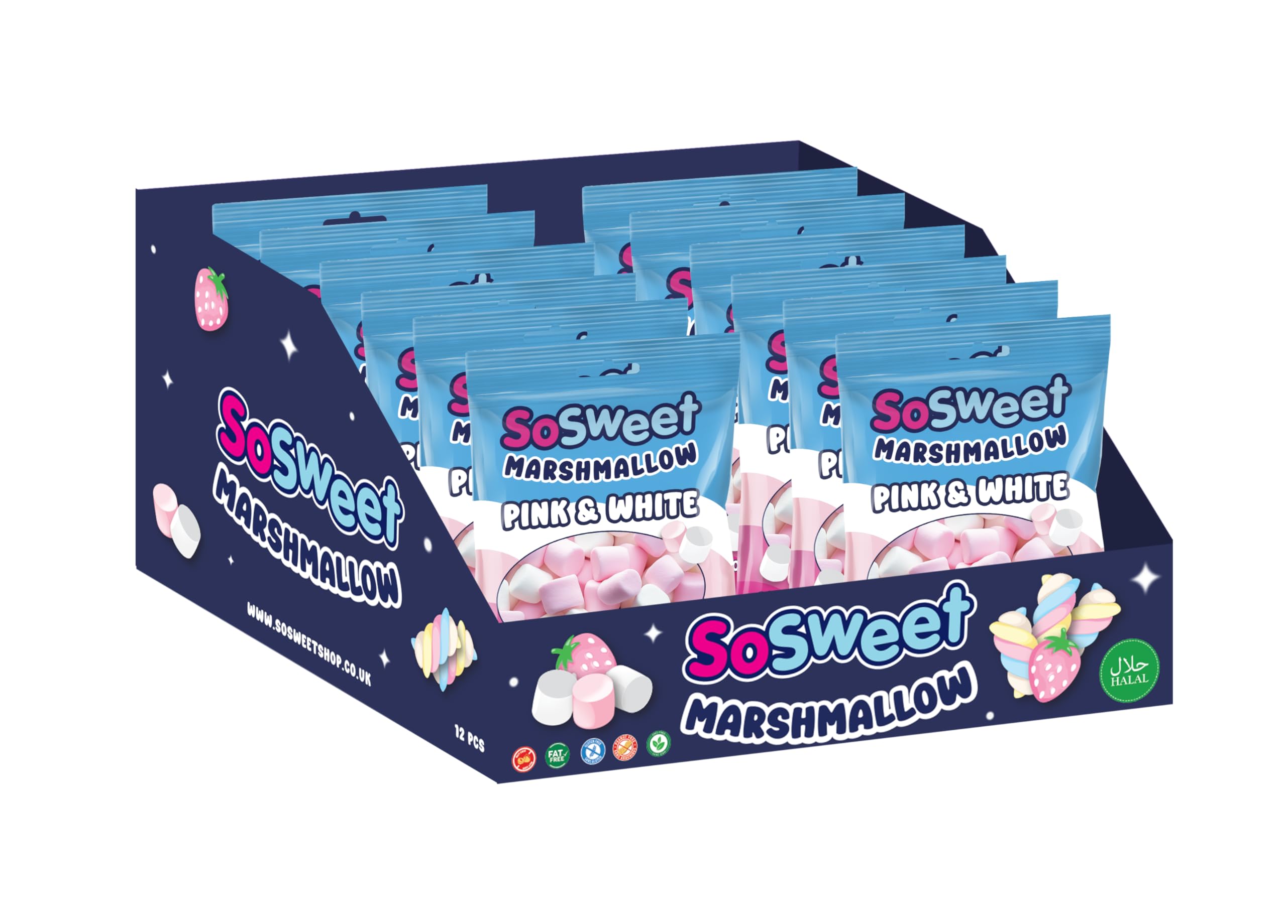SoSweet Marshmallow Pink & White – 12 x 140g Bags of Soft, Fluffy Vanilla and Strawberry-Flavoured Marshmallows | Great for Snacking, Baking & Desserts | Classic Sweet Treats