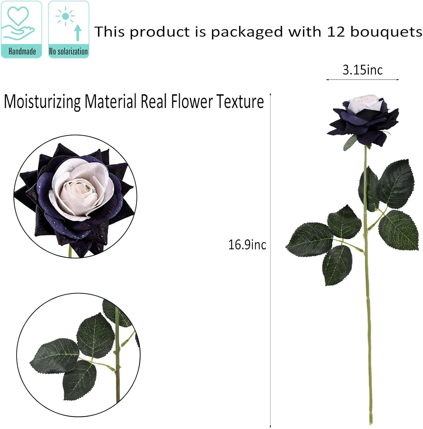 Kimura's Cabin 12pcs Lifelike Faux Roses Fake Flowers 16.9" Long Stem Silk Roses Real Touch Artificial Flowers, Fake Plants for Wedding Party Home Dining Table Centerpieces Decor,White core Black