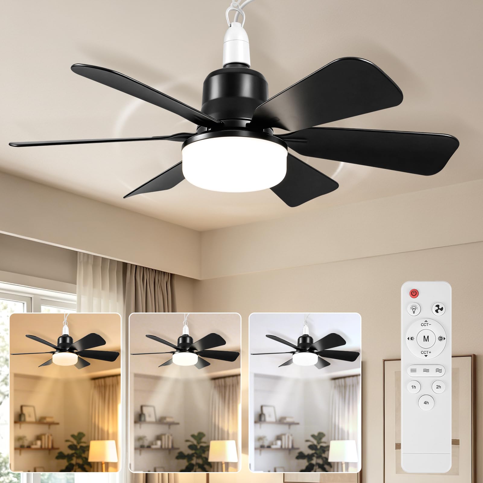 Ventilateurs de plafond avec lumières, ventilateur silencieux E27 Ø20,5 inch/53 cm, 6 pales, minuterie, 3 vitesses et changement couleur détachable pour chambre coucher salon cuisine salle bain garage
