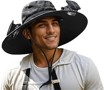 Outdoor Wide Brim Sun Hat Solar Fan Hat for Men, Solar Powered Fishing Hat with Fan Built in Black