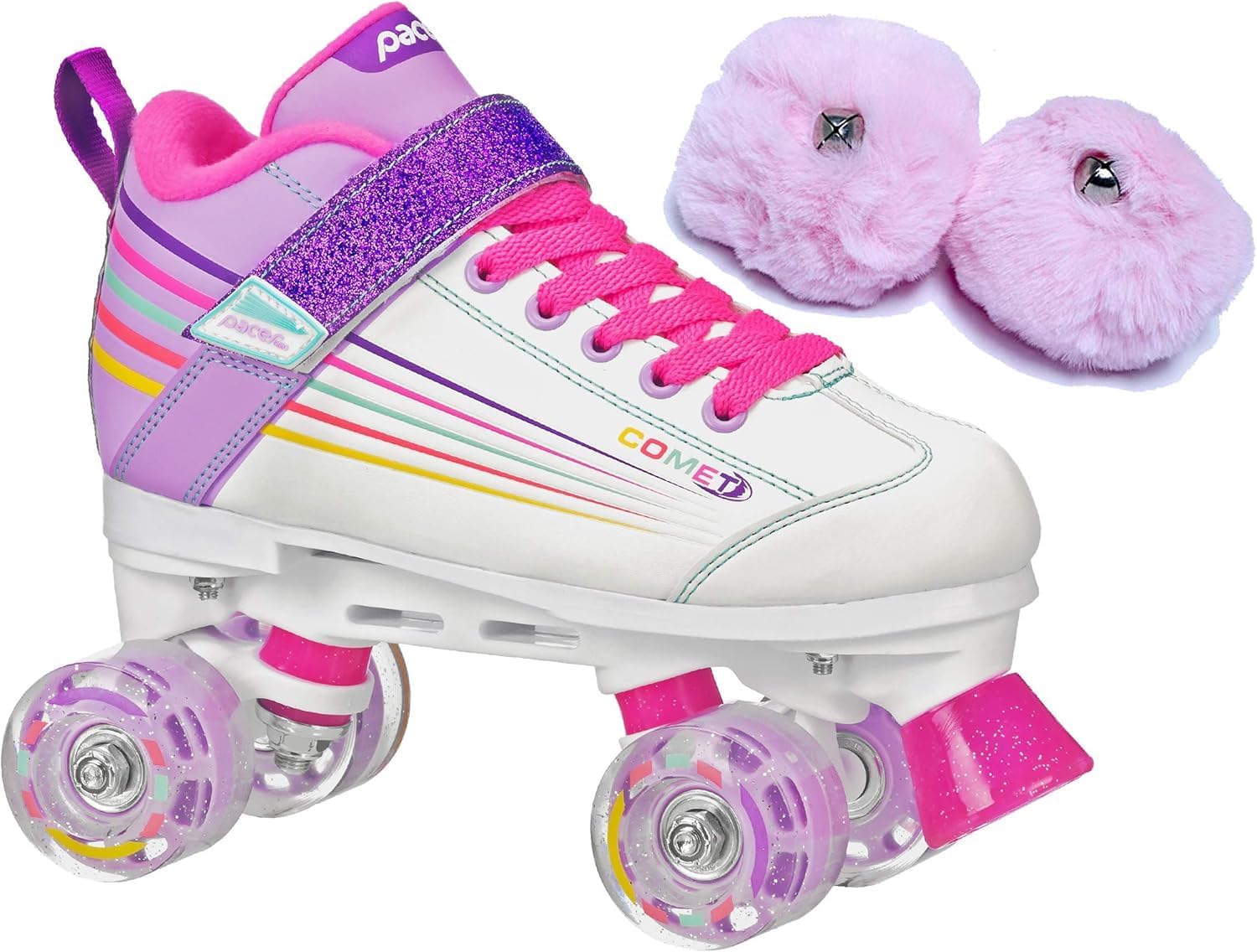 Pacer Comet Kids Light Up Roller Skates Bundle with Baby Pink Poms (Kids 12J)