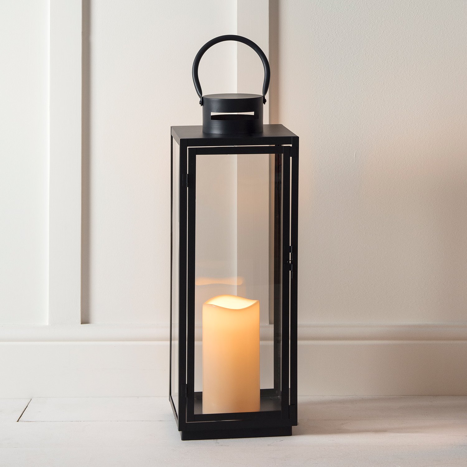 Farolillo Gigante en Metal Cincado Negro para Interiores y Exteriores con Vela LED a Pilas de Lights4fun