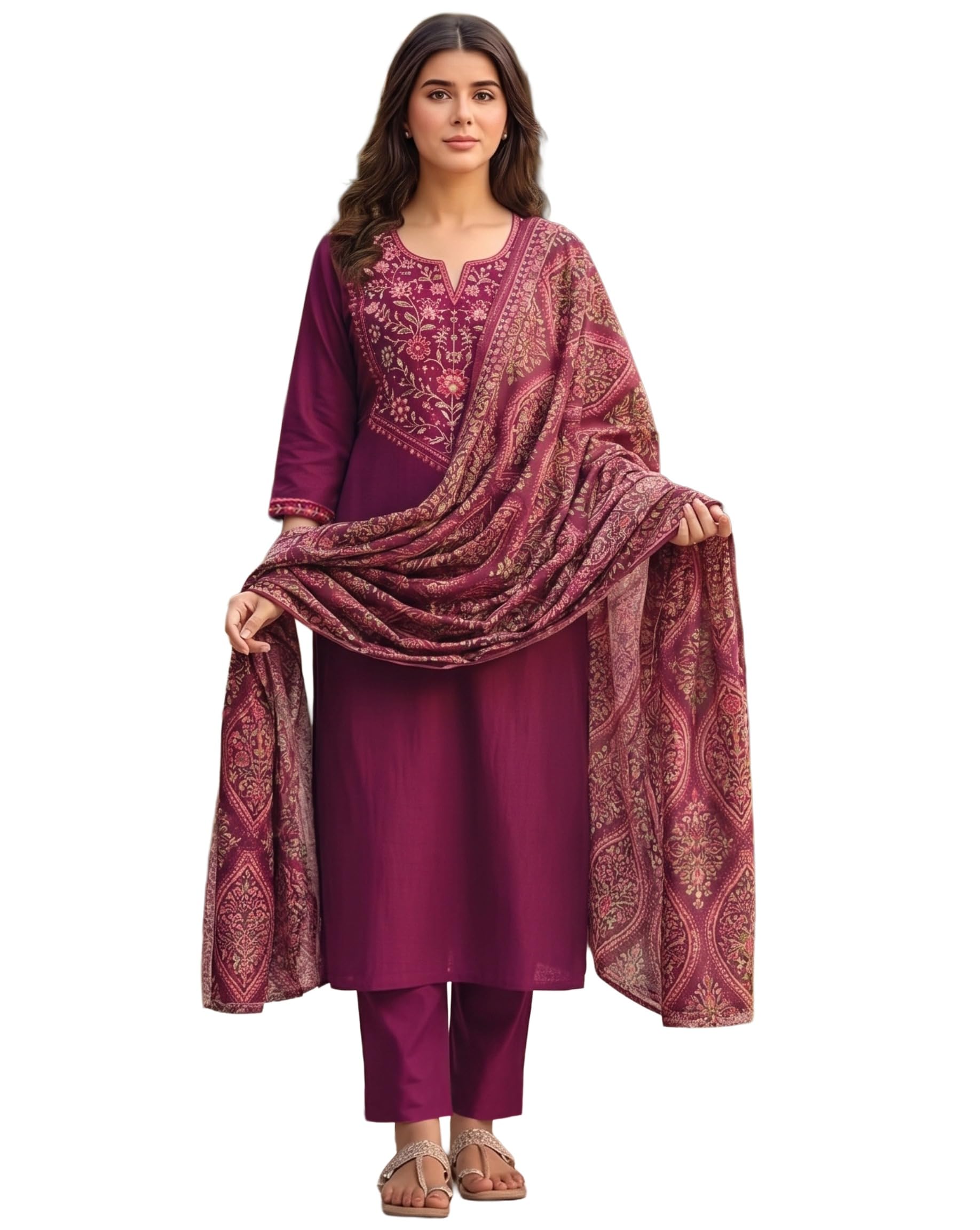 gosriki Women's Rayon Viscose Embroidered Straight Kurta with Pant & Dupatta-picture-58