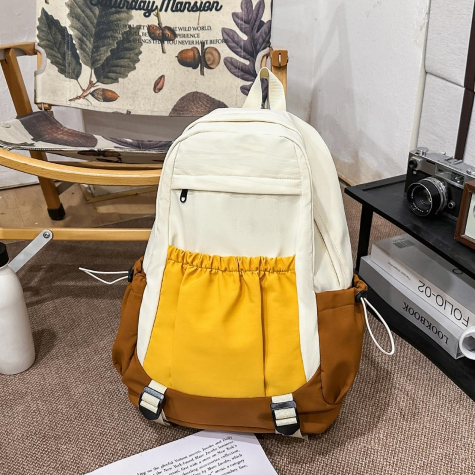 Zaino Color-Block Nylon Student Casual College-Style di Viaggio Elegante per Le Donne