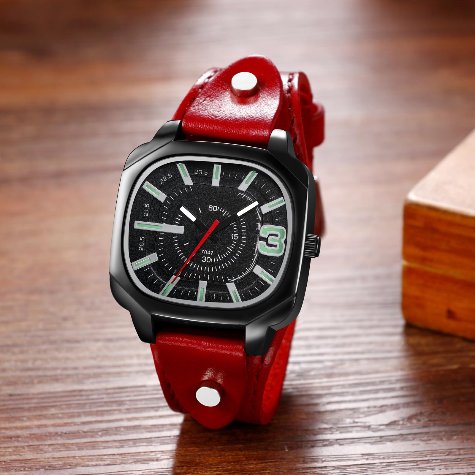 JewelryWe Damski zegarek kwadratowy ze skórzanym paskiem: 5 sztuk vintage analogowy kwarcowy zegarek na rękę damski męski bransoletka z prawdziwej skóry Halloween Punk zegarek ze świecącymi