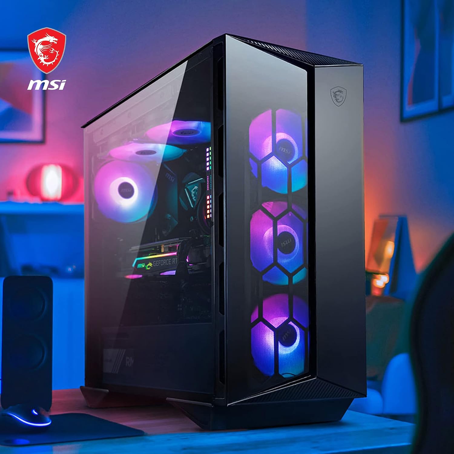 MSI MPG GUNGNIR 110R Caja PC Media Torre – Vidrio Templado, ATX, M-ATX y Mini-ITX, 4 Ventiladores ARGB 120mm con Controlador, Filtro de Polvo Magnético, USB 3.2 Gen2 x2 Tipo C, Puertos Gen1 Tipo A 8