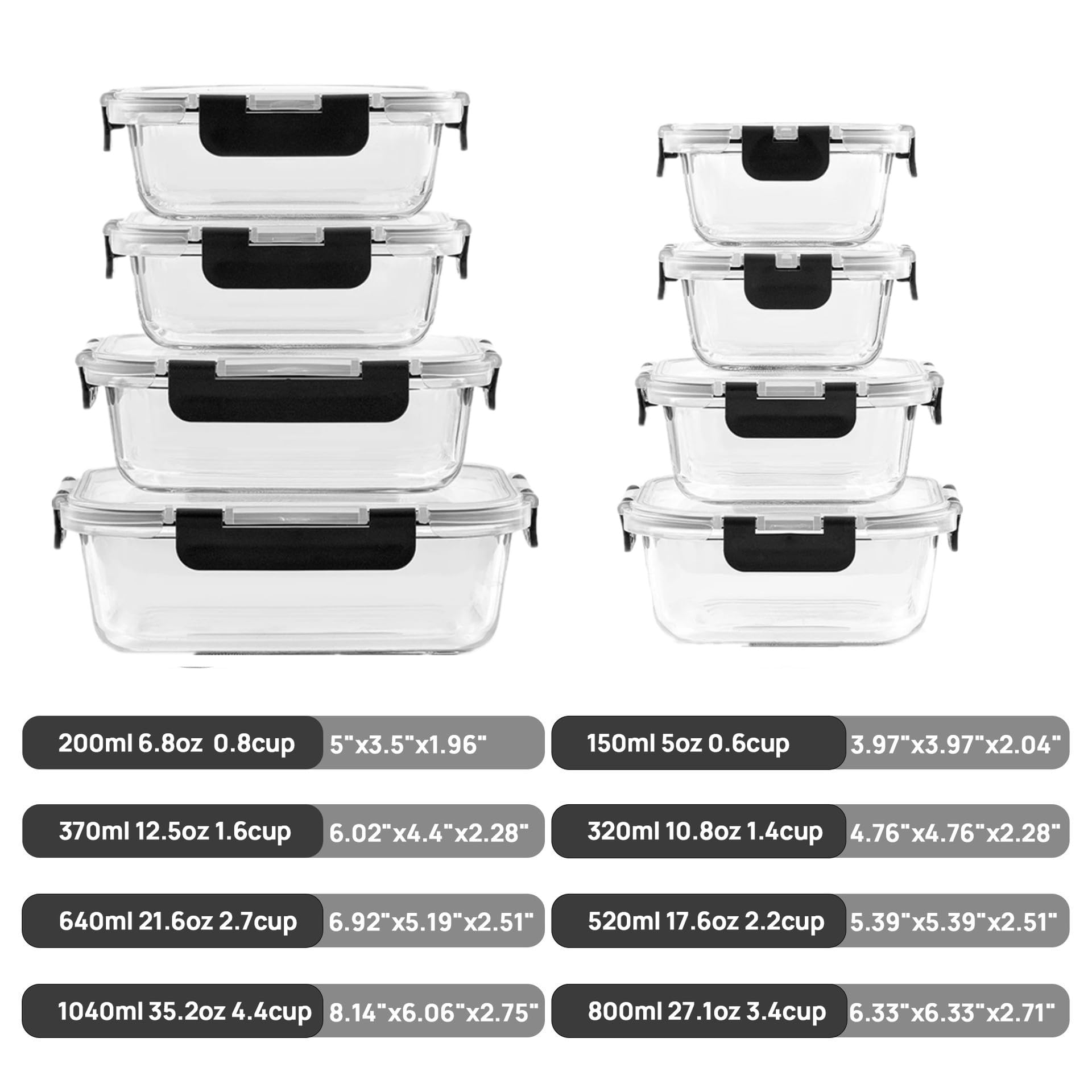 Juego de 8 cajas de almacenamiento de cristal, sin BPA, apto para microondas y congelador, perfecto para preparar comidas y almacenamiento de alimentos. (Negro)