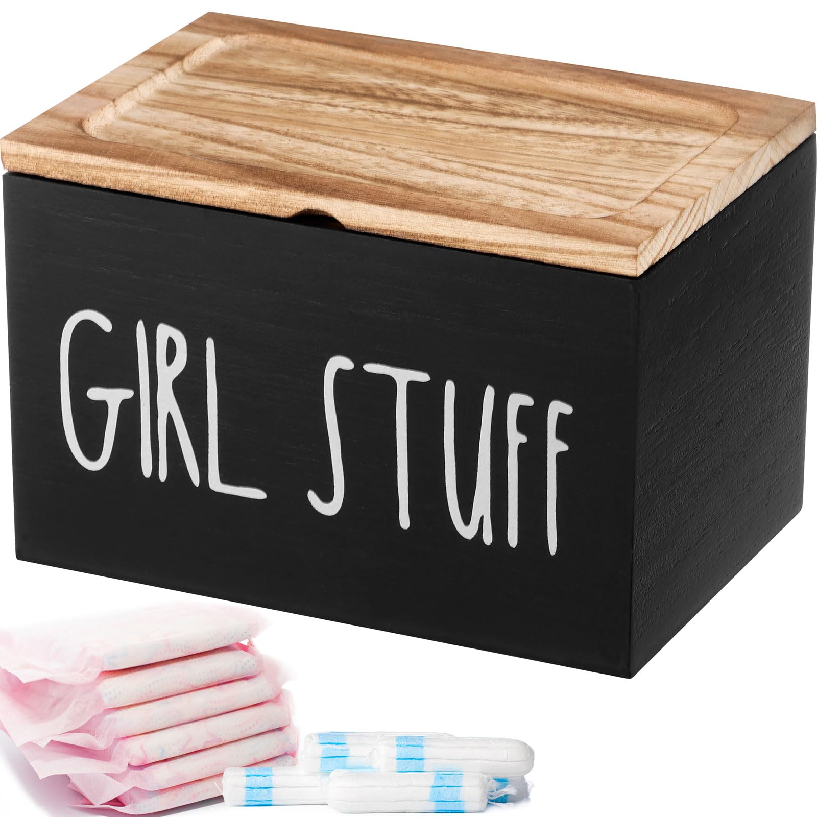 Loujingreo Women's Black Tampon Holder For Bathroom,Tampon Sanitary Pad Box Feminine Product Organizer,Wood Bathroom Bin With Lid And Compartments Solid Period Box Cotton Swab Holder (Black)