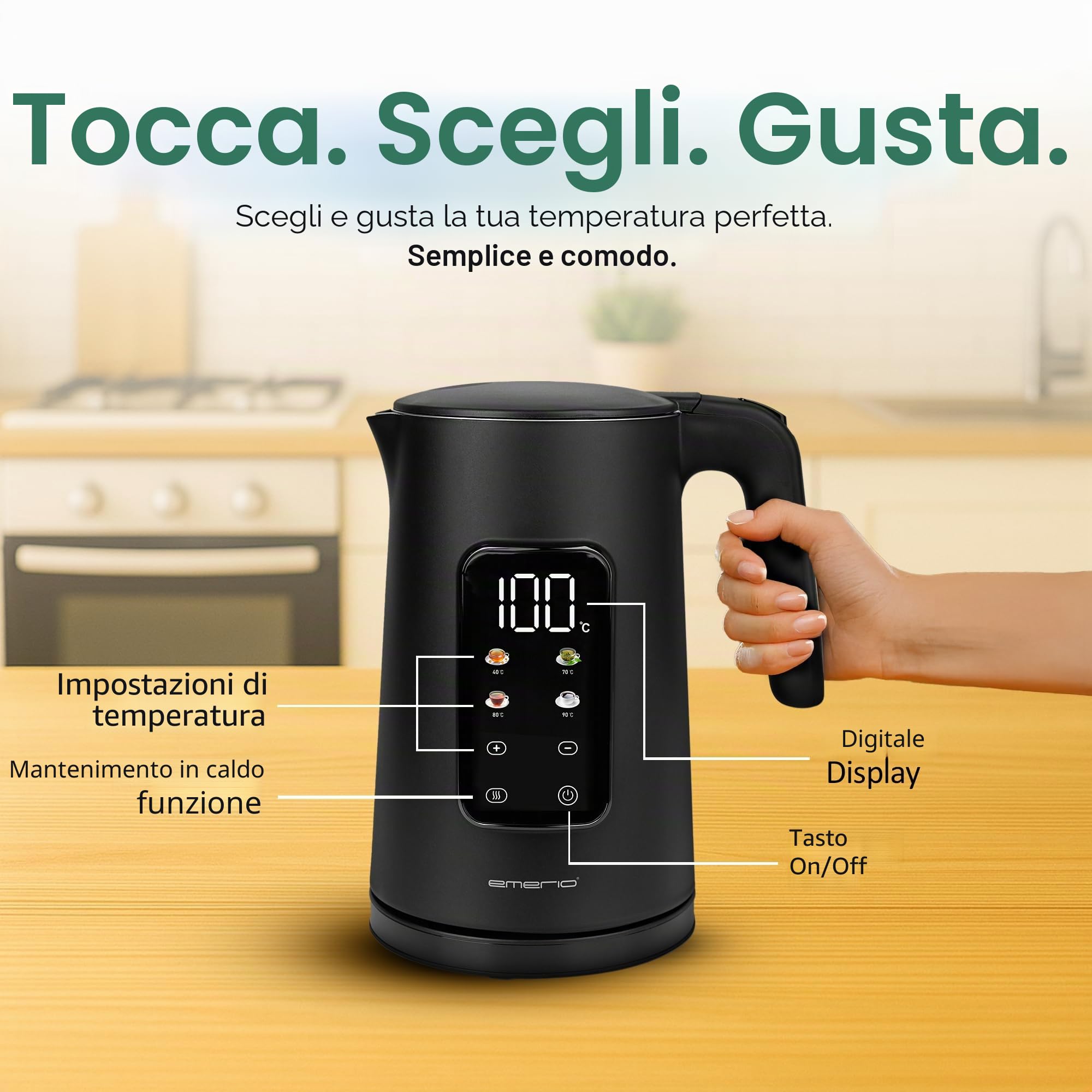 EMERIO Bollitore in acciaio inox, 1,7 l, doppia parete isolata, scelta della temperatura 40 – 100 °C in incrementi di 5 °C, display con varietà di tè preprogrammate, senza BPA, 2200 W, spegnimento