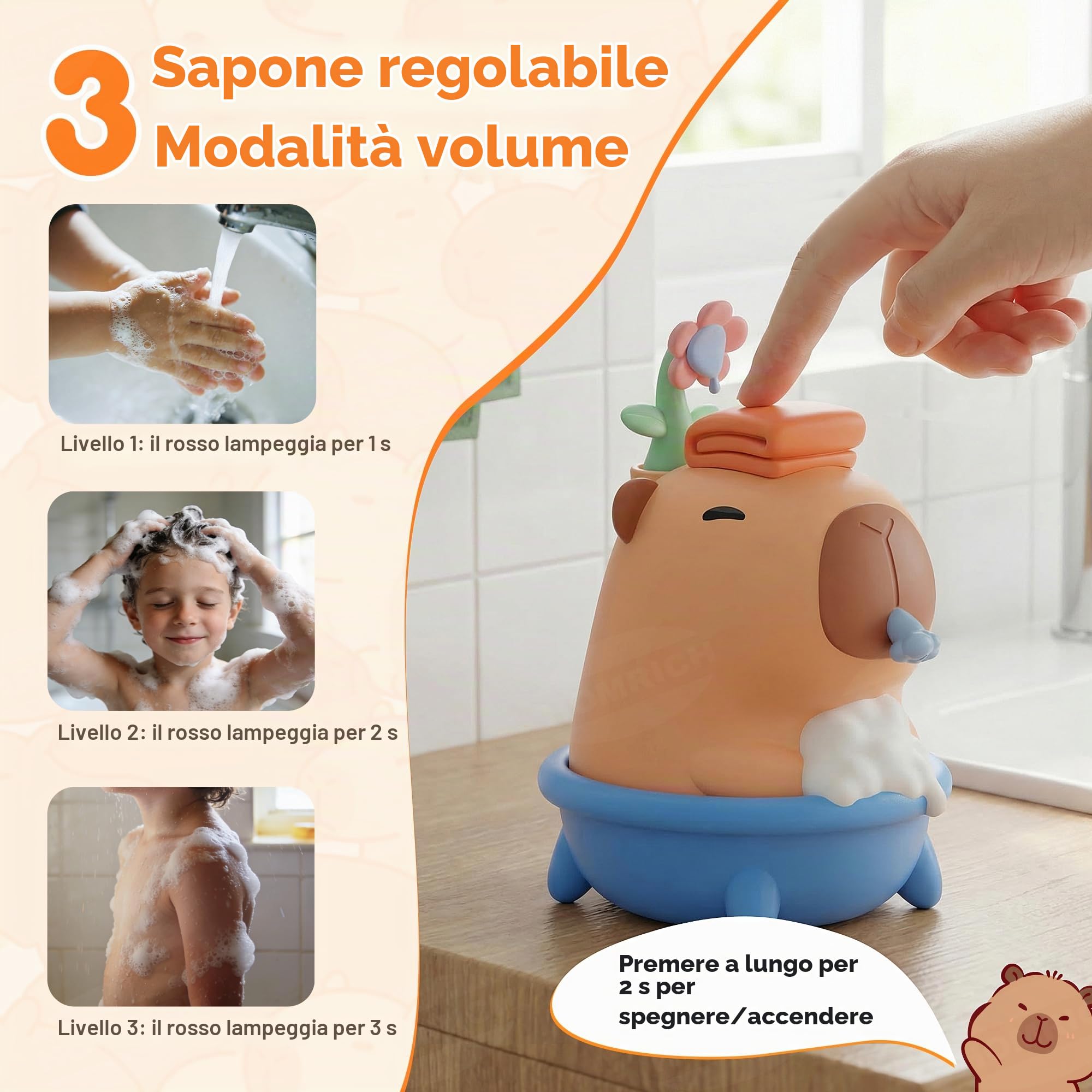 Homrich Capybara - Dispenser automatico di sapone, con sensore touchless, in silicone, regolazione della schiuma a 3 livelli, 280 ml, dispenser impermeabile ricaricabile IPX7 per bagno, regalo per