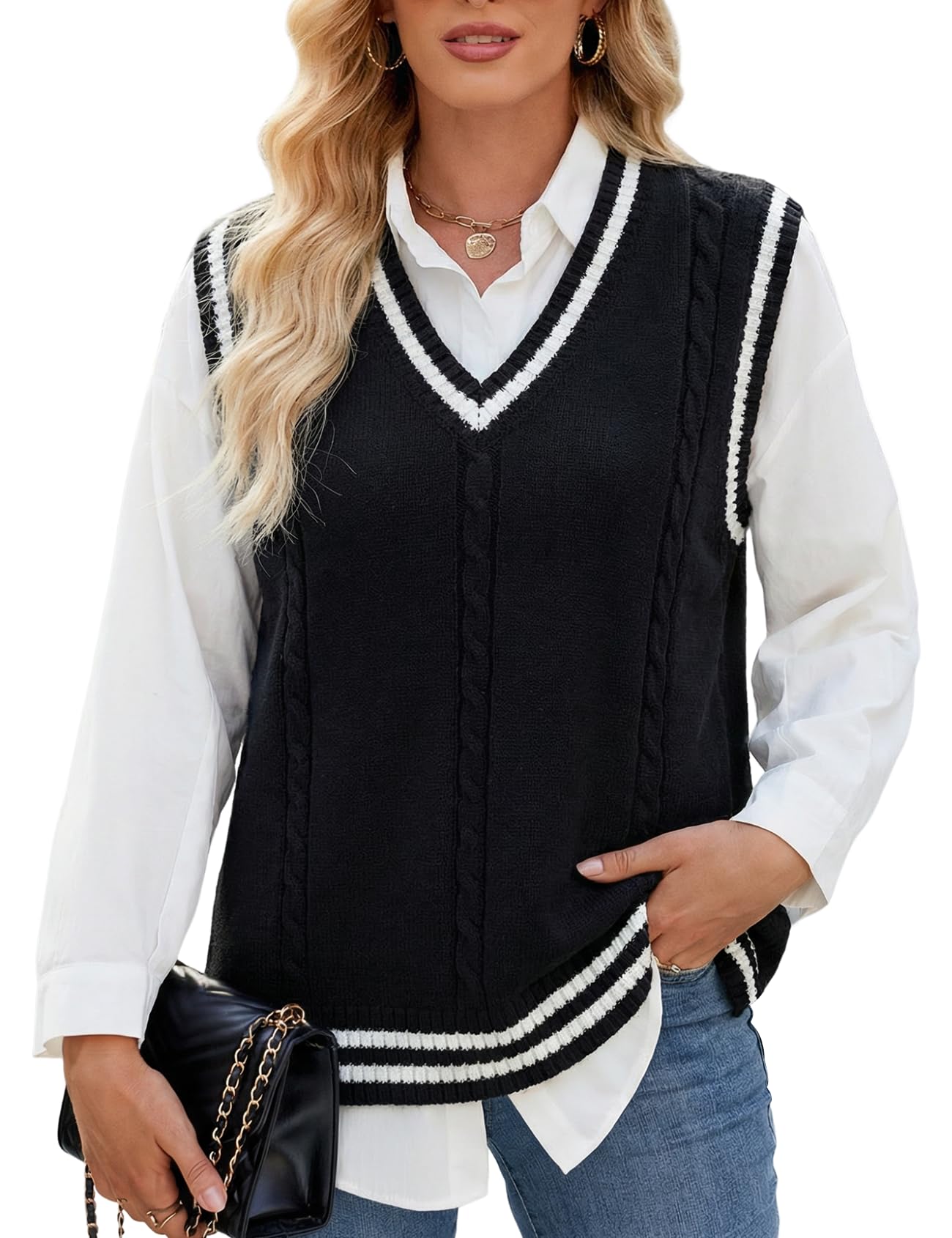 Gihuo Women's V Neck Trendy Sweater Vest Cable Knit Sleeveless