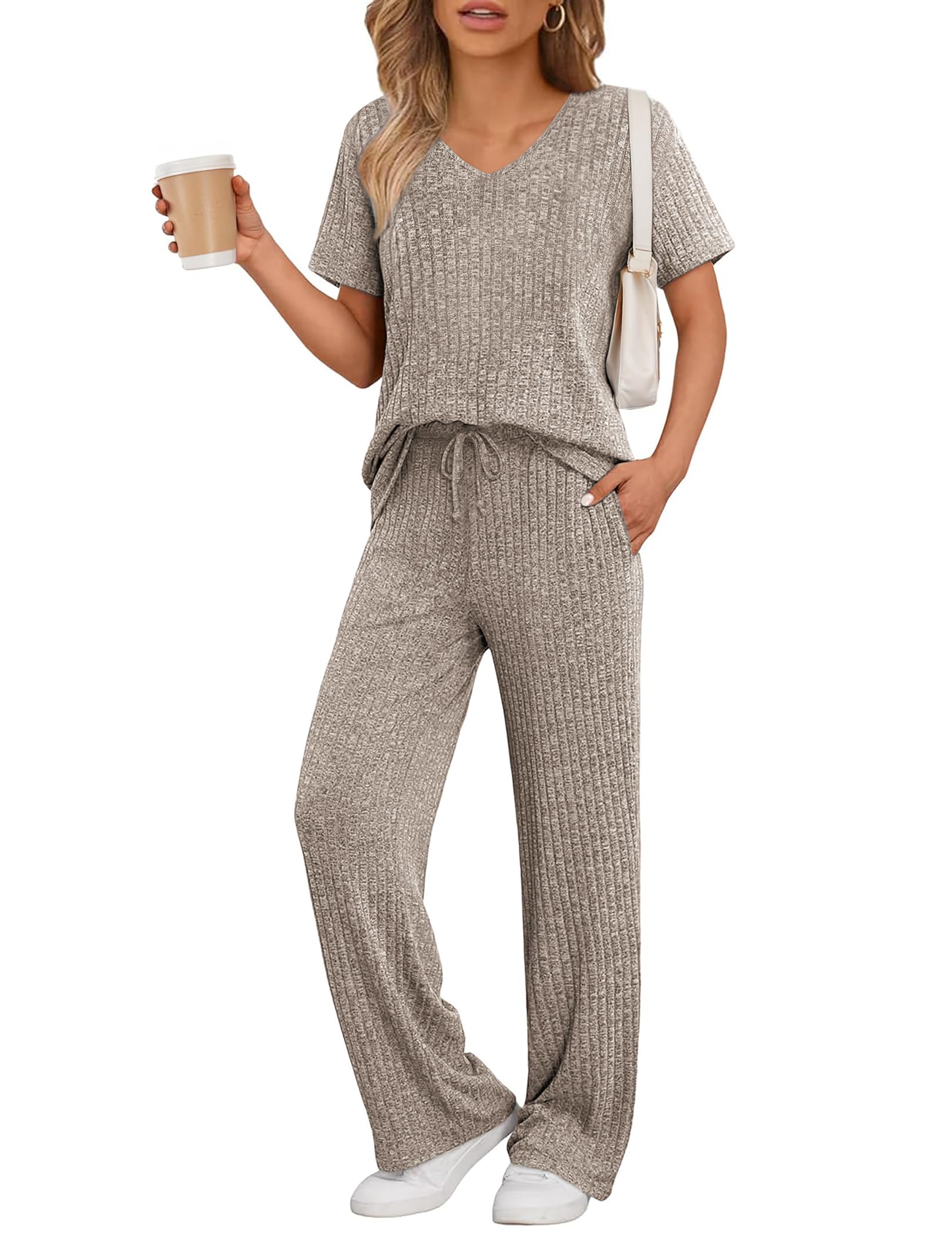 JiniGolla Women's Ribbed Knit Pajama Set 2 Piece Matching Pj Set Short Sleeve Top and Pants Lounge Set with Pockets
