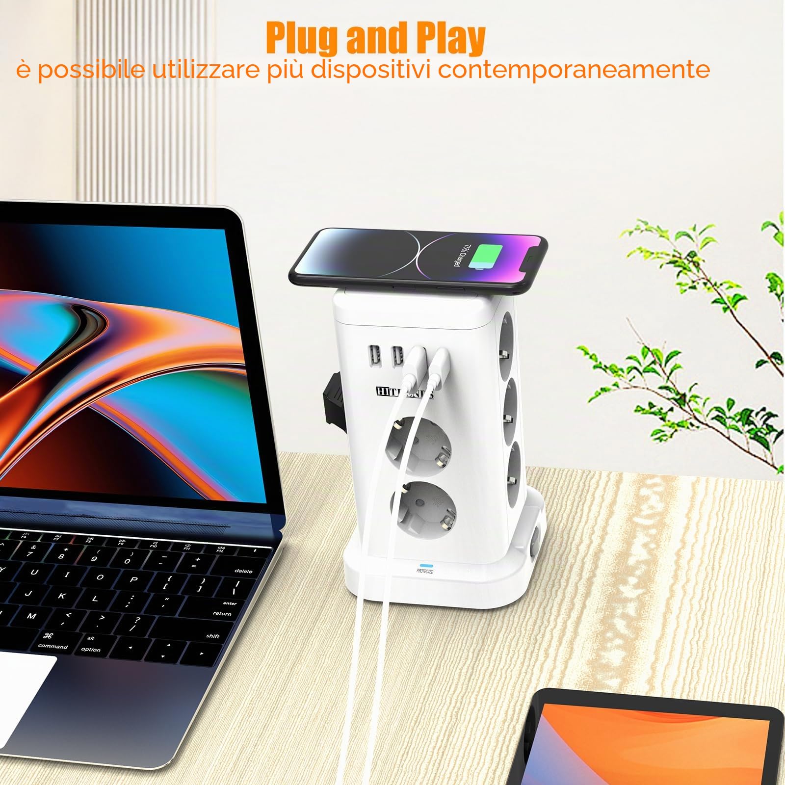 Presa multipla con caricatore wireless da 15 W e 11 connettori (Schuko + USB) Protezione da sovratensione, commutabile, cavo di prolunga 2 m, bianco, cucina/ufficio