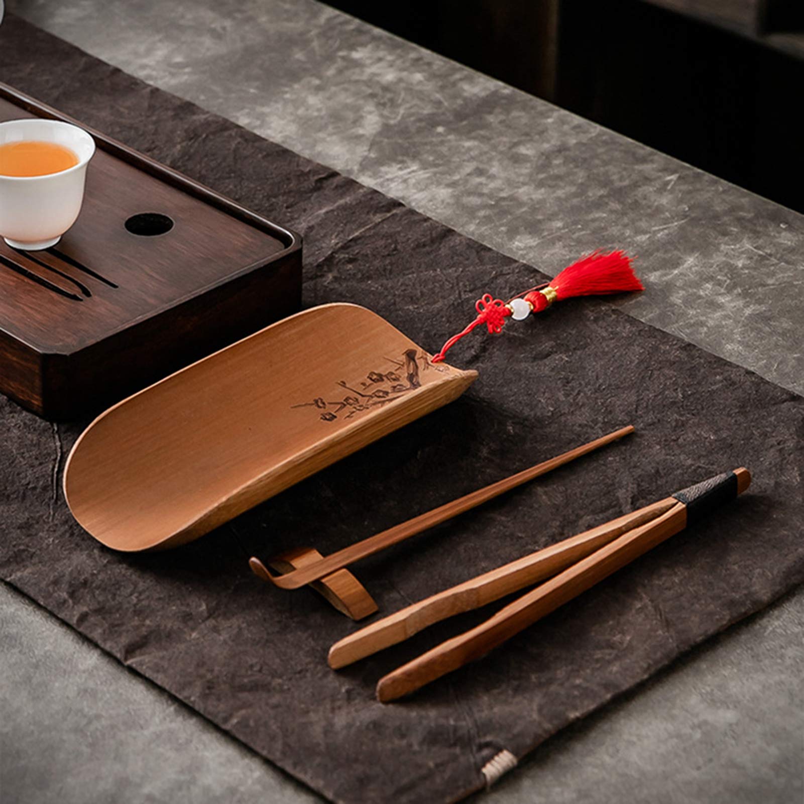 Set Accessoires Thé Bambou - 4 Pièces | Cuillère, Pince, Grattoir, Support | Cérémonie Thé