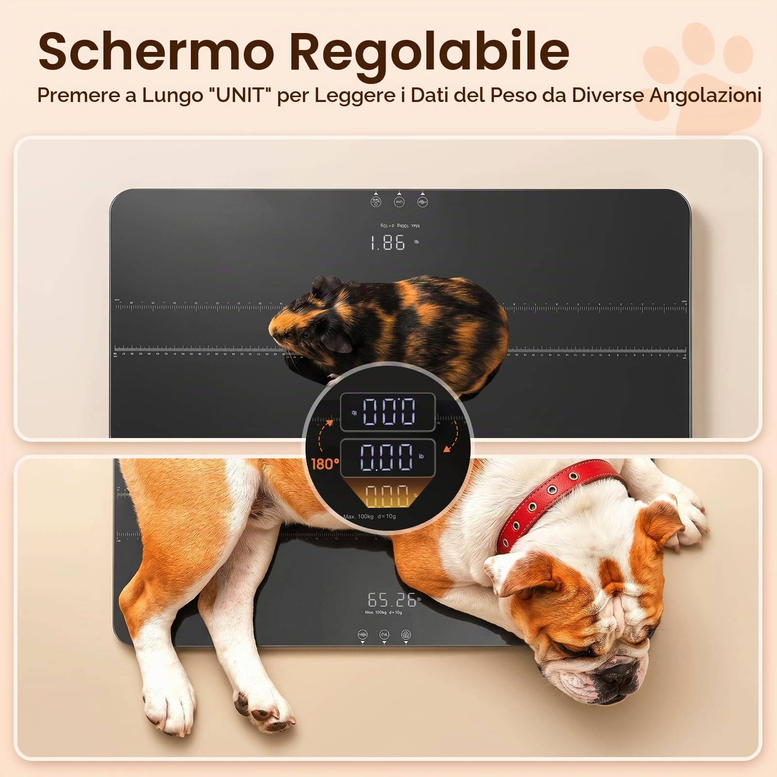 Bilancia digitale per animali domestici, bilancia per cani, fino a 100 kg, precisione 10 g, grande piattaforma, display LCD, 3 modalità di pesatura, funzione tara, bilancia per animali, per cani