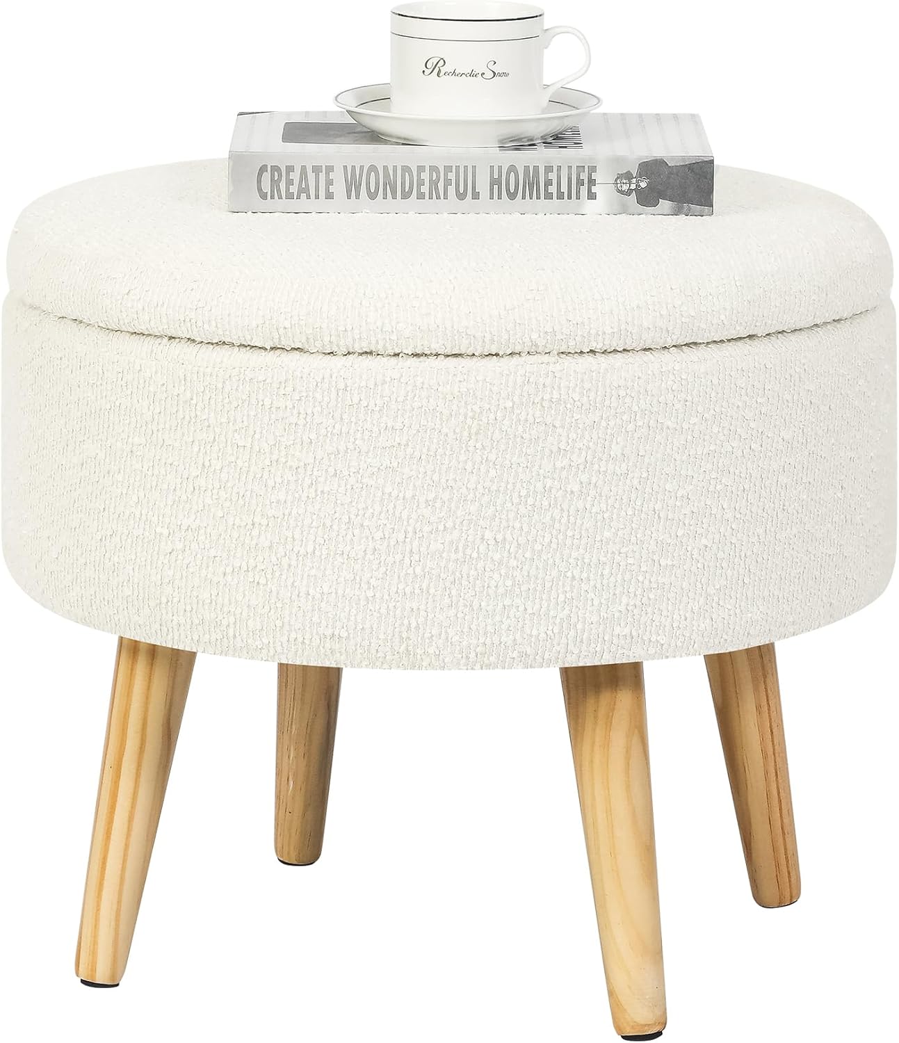 Adeco Small Round Ottoman with Storage, Cream White Coffee Table with Removable Tray Lid, Teddy Velvet Fabric Upholstered Ottomans Foot Rest and Wooden Legs, Short Chair Footstool for Living Room SIMILAR ITEM NON REMOVABLE TOP