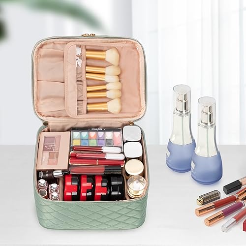 Miniatura 5 de OCHEAL - Bolsa de maquillaje grande con doble capa, estuche de cosméticos de almacenamiento vertical para mujeres o niñas con múltiples