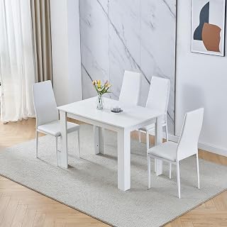 Moderno juego de mesa de comedor blanca con 4 sillas de piel sintética blanca para espacios pequeños, mesa rectangular de cocina y sillas de 4 plazas
