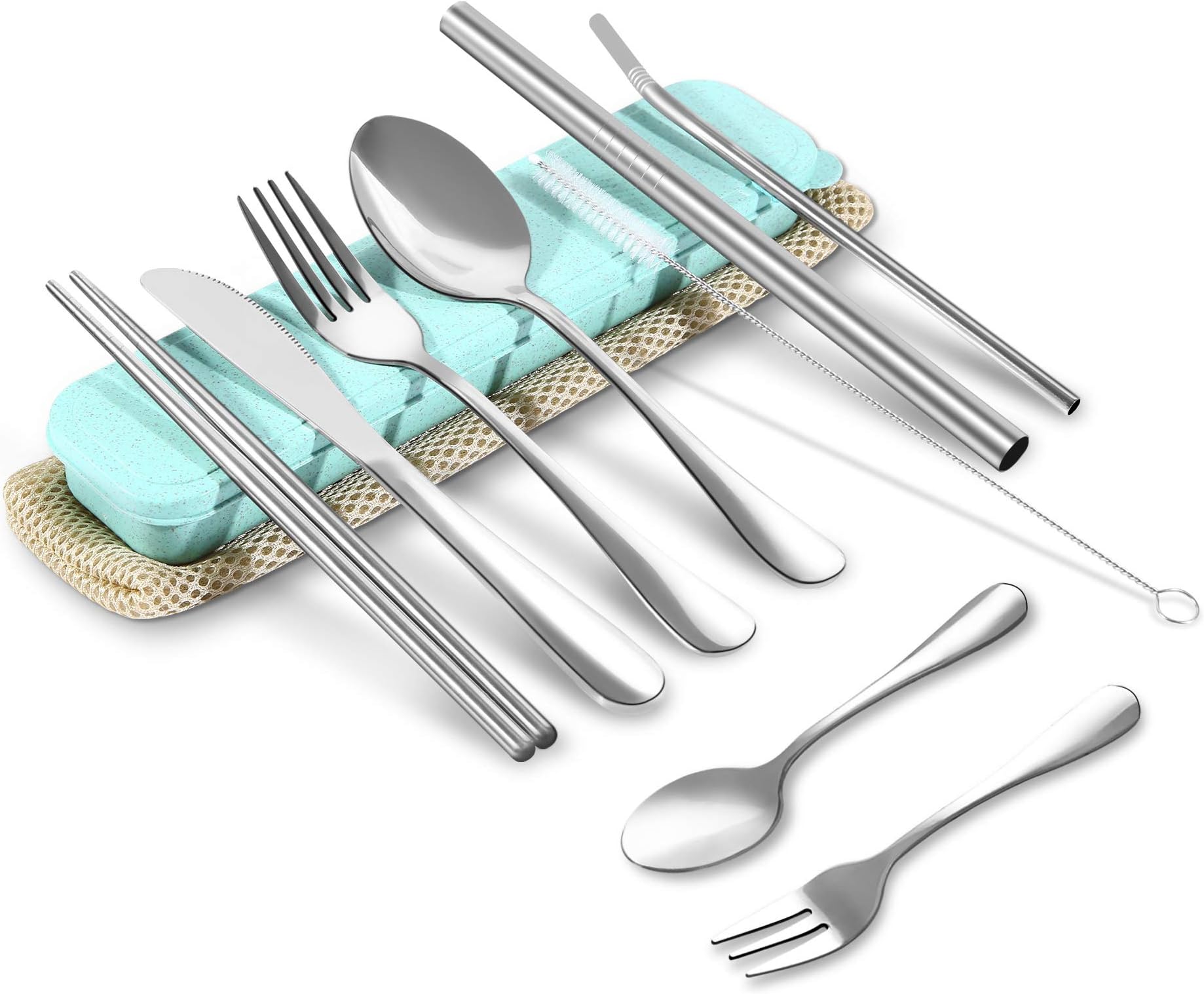 Yoassi 11 Pieces Travel Utensils with Case and Carry Bag, Reusable Stainless Steel Portable Flatware Camping Silverware Cutlery Set Include Knife Fork Spoon Chopsticks Straws and Straws Brush