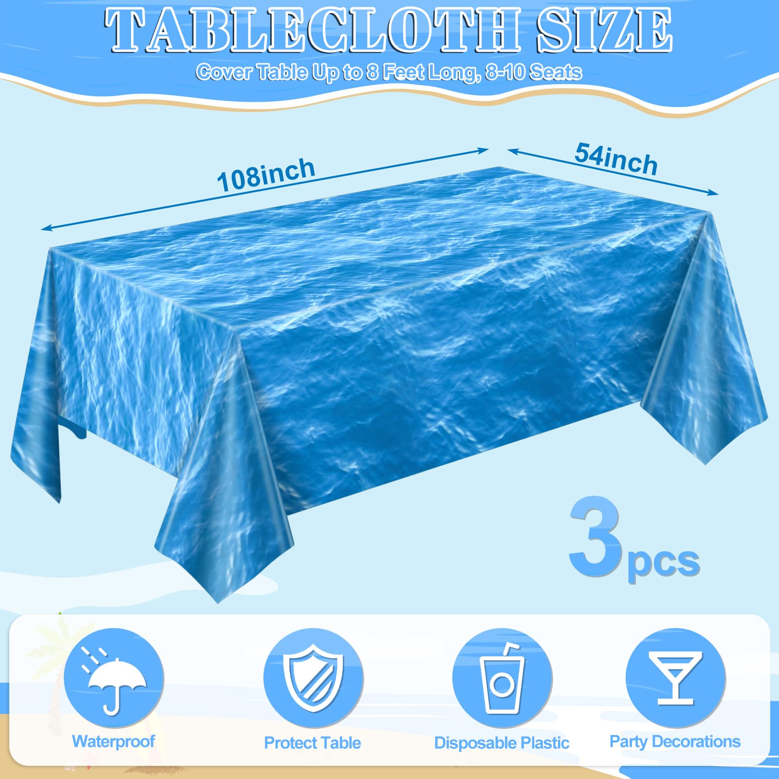 3 Pack Ocean Waves Plastic Tablecloth, 54 X 108Inch Disposable Water Print Table Cloths for Rectangle Table Ocean Party Decor Waterproof Tables Cover for Beach Pool Under The Sea Party Decoration