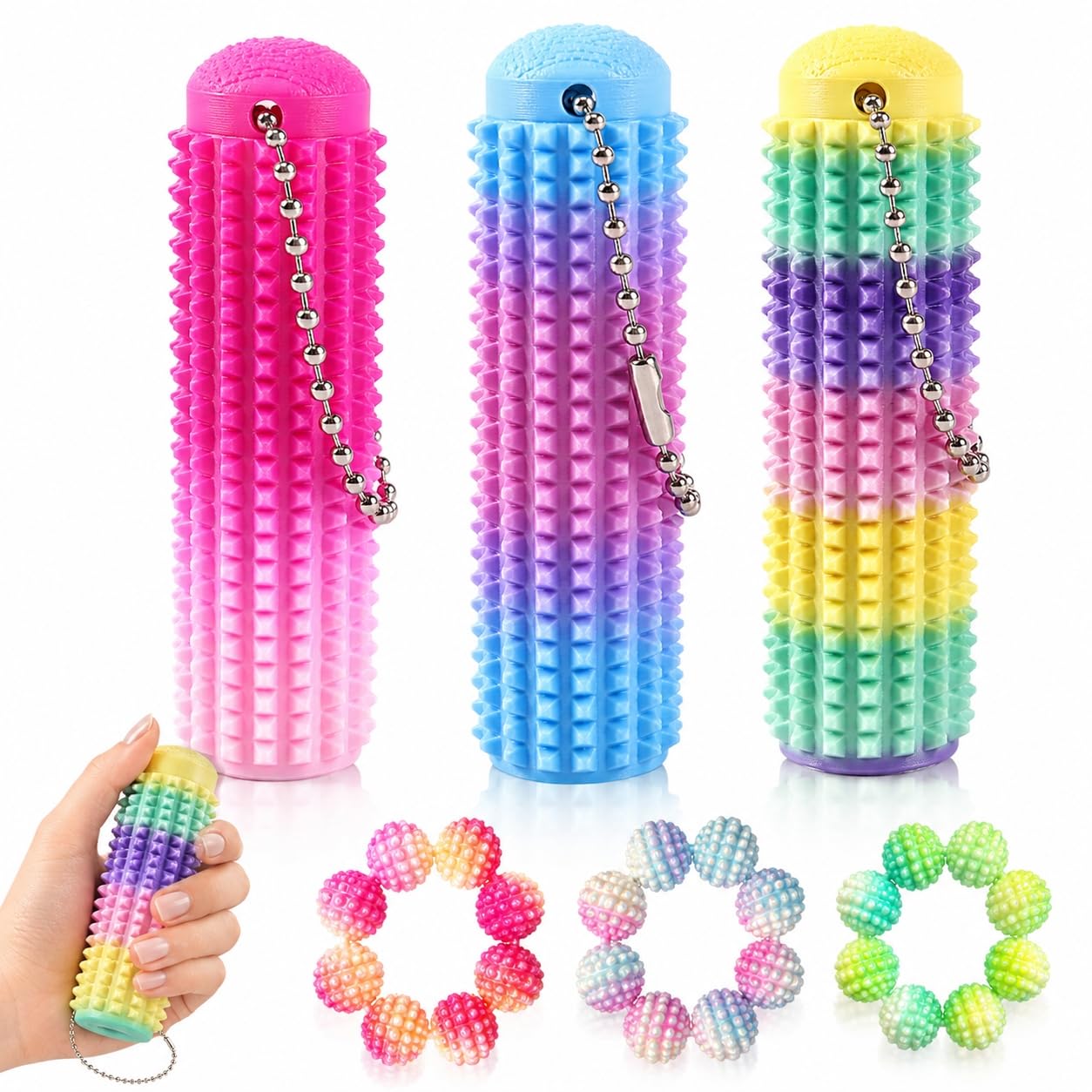 6 PCS Pain Stim Fidget, Spiky Fidget Tool, Silent Fidget Tools, Sensory Items Including Spiky Roller Fidget and Finger Rings with Colourful Beads for Office and Commuting