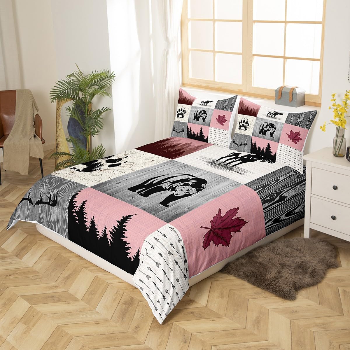 Adventure Duvet Cover Set Double Size, Bear Deer Pink Grid Patchwork Comforter Cover with 2 Pillowcases - Image 2